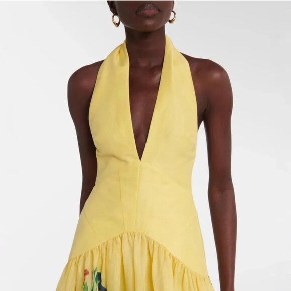 Women Halter Midi Dress Size L Deep Neckline Sleeveles Floral Yellow Lemon Linen - Picture 9 of 16